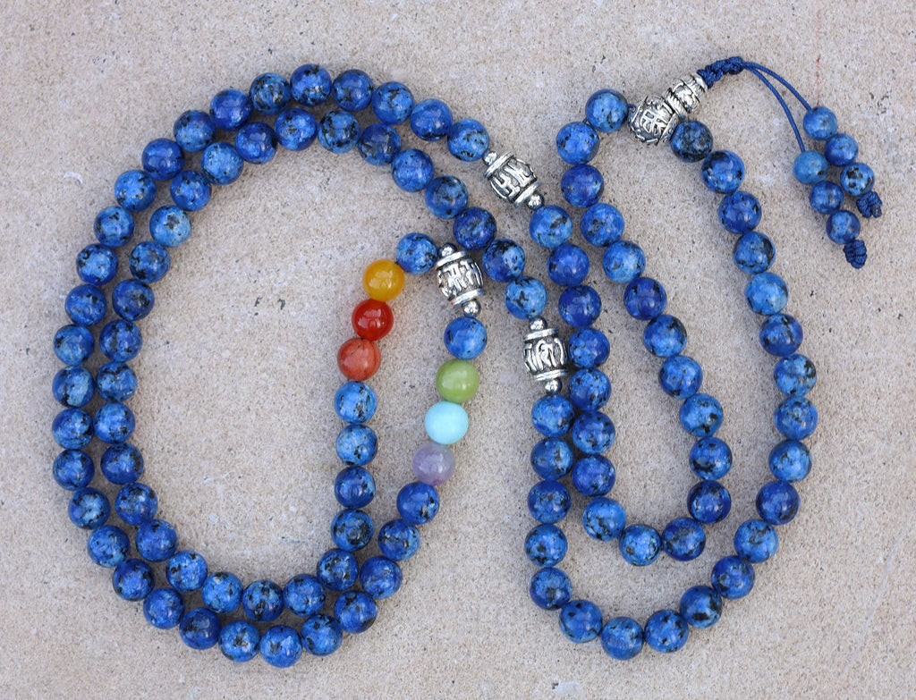 Genuine Lapis Lazuli 108 Beads Mala – Buddhist Prayer Beads with Tibetan Silver Guru Bead & Om Mani Spacers