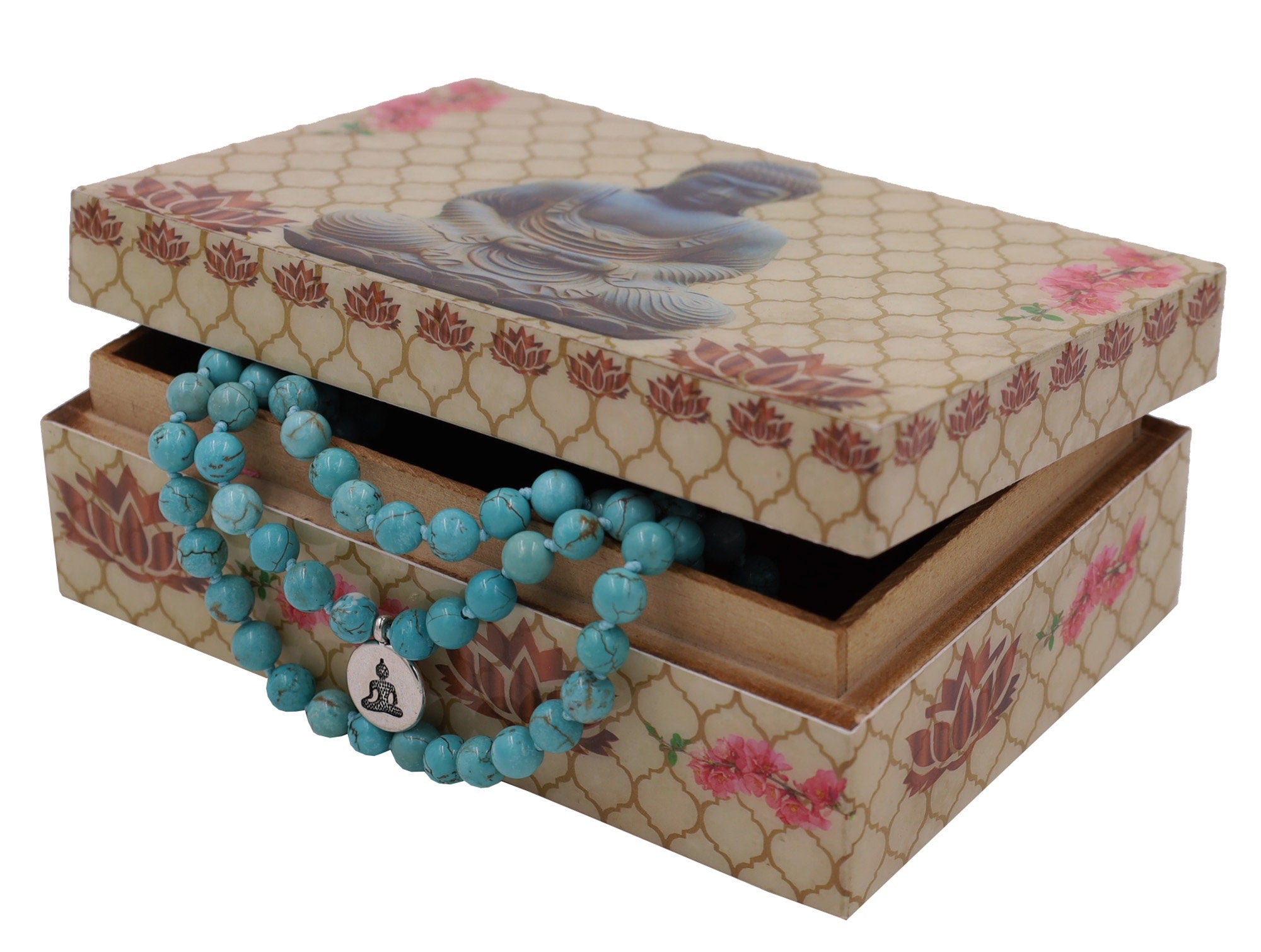 Tibetan Turquoise 108 Beads Mala Meditation Yoga With Silver Buddha Charm And Buddha Wooden Box - DharmaObjects