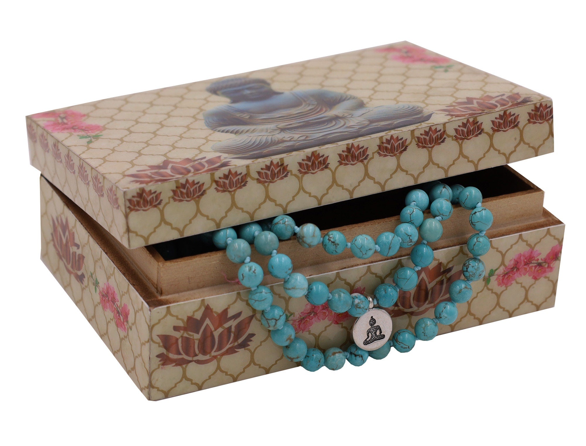 Tibetan Turquoise 108 Beads Mala Meditation Yoga With Silver Buddha Charm And Buddha Wooden Box - DharmaObjects