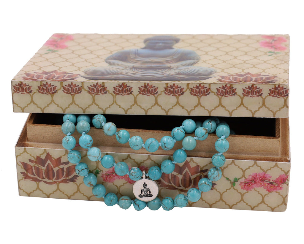Tibetan Turquoise 108 Beads Mala Meditation Yoga With Silver Buddha Charm And Buddha Wooden Box - DharmaObjects