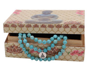 Tibetan Turquoise 108 Beads Mala Meditation Yoga With Silver Buddha Charm And Buddha Wooden Box