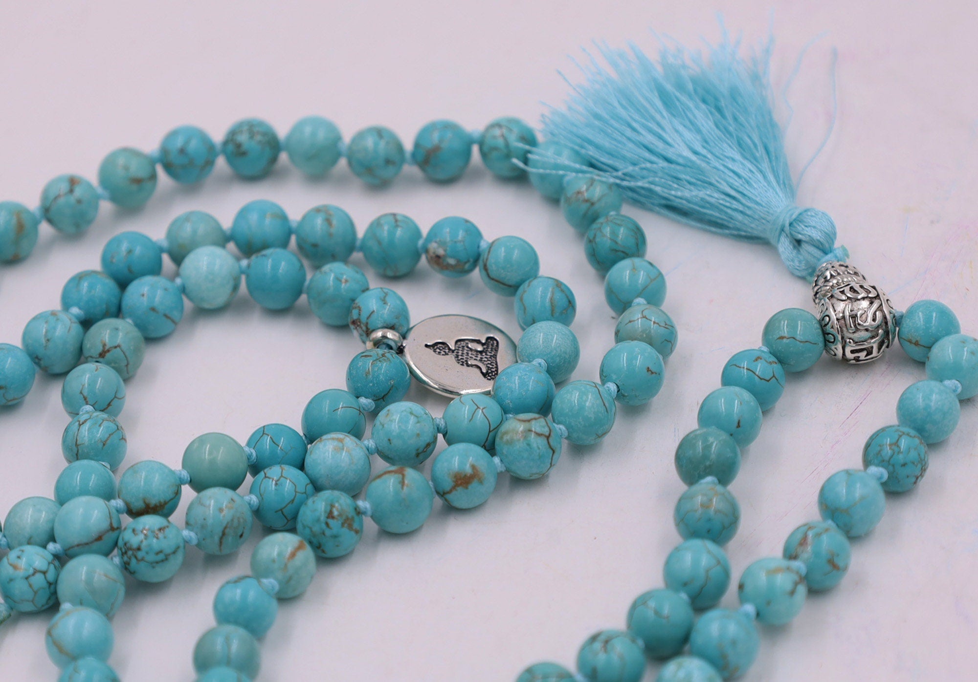 Tibetan Turquoise 108 Beads Mala Meditation Yoga With Silver Buddha Charm And Buddha Wooden Box - DharmaObjects