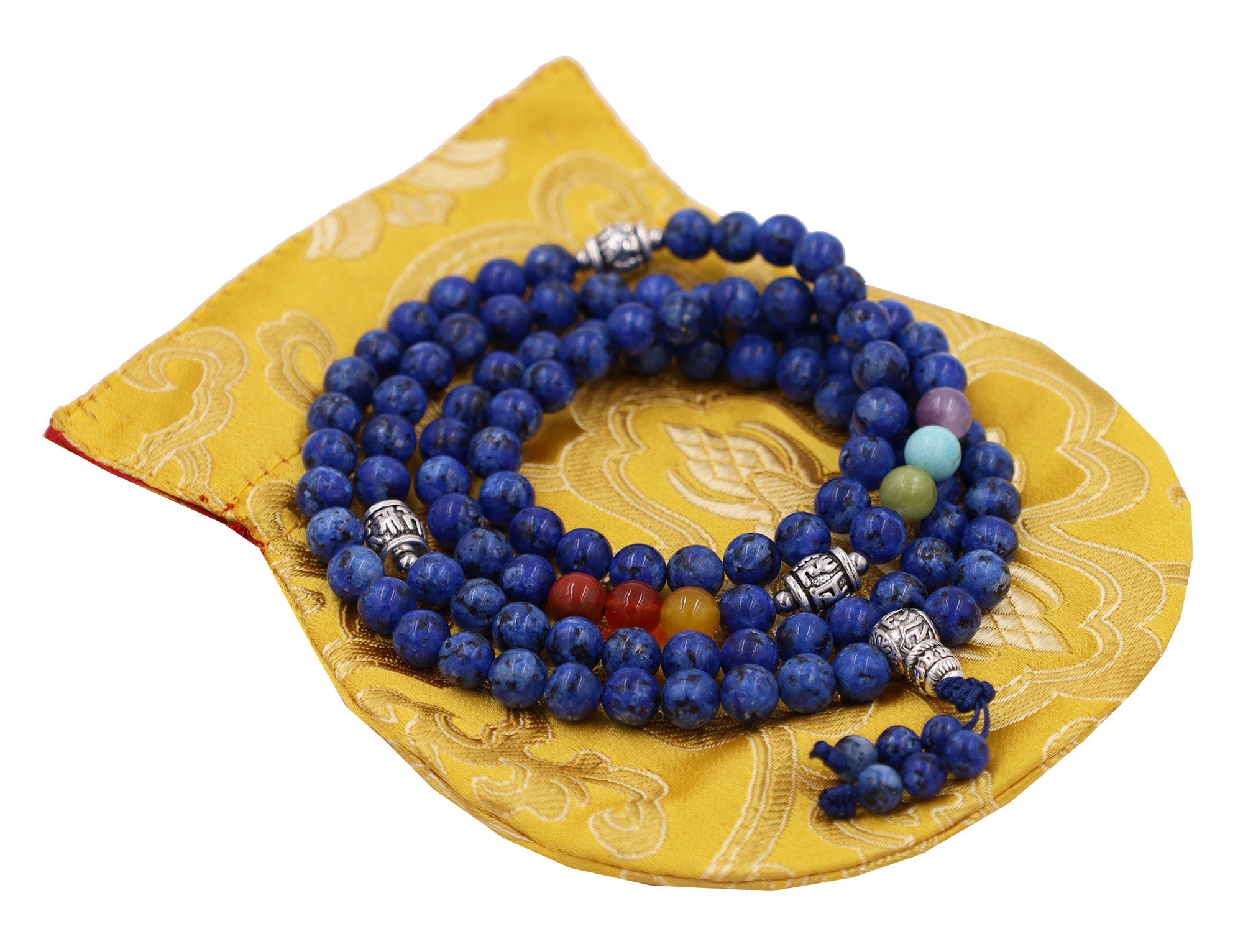 Genuine Lapis Lazuli 108 Beads Mala – Buddhist Prayer Beads with Tibetan Silver Guru Bead & Om Mani Spacers