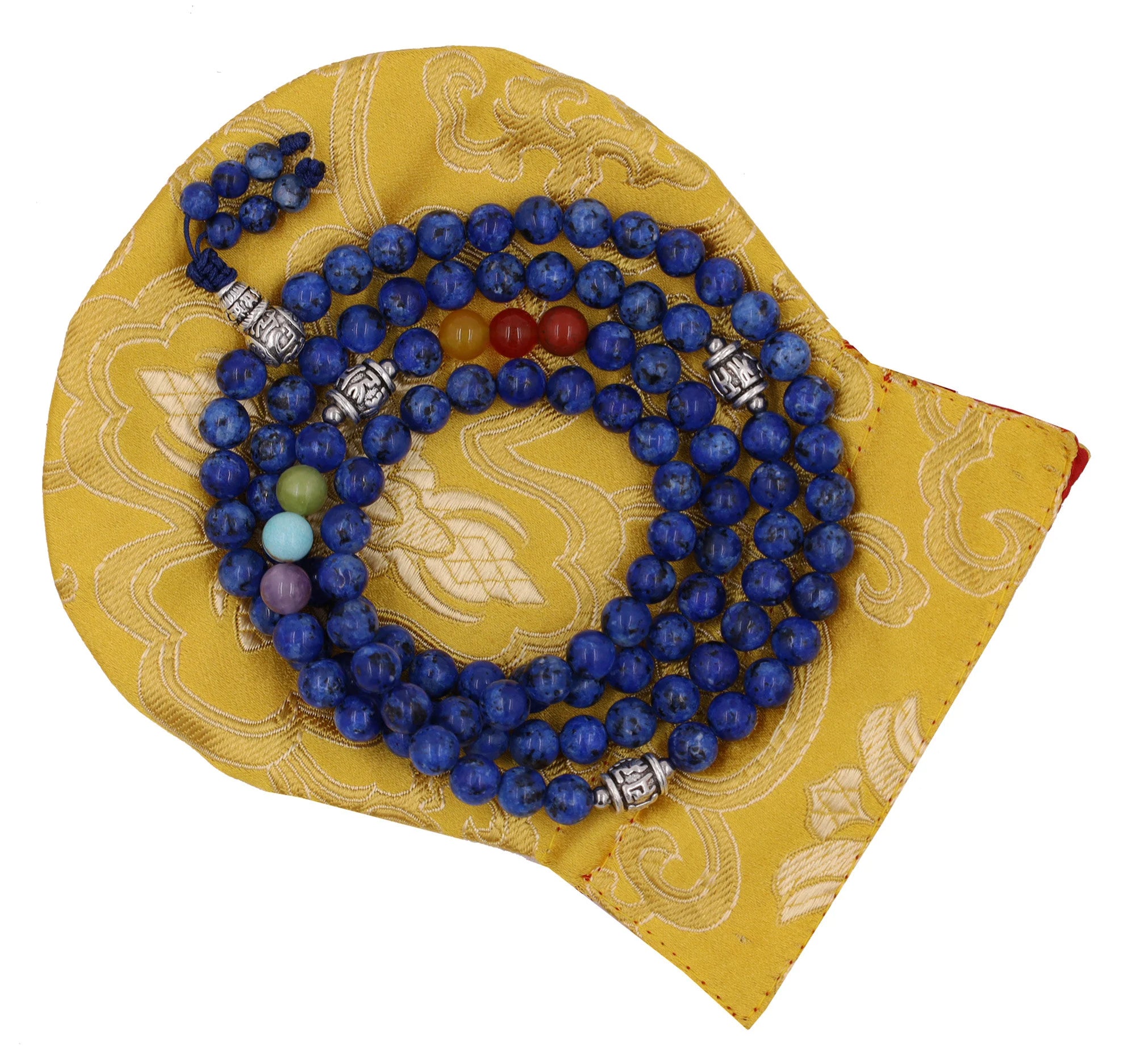 Genuine Lapis Lazuli 108 Beads Mala – Buddhist Prayer Beads with Tibetan Silver Guru Bead & Om Mani Spacers