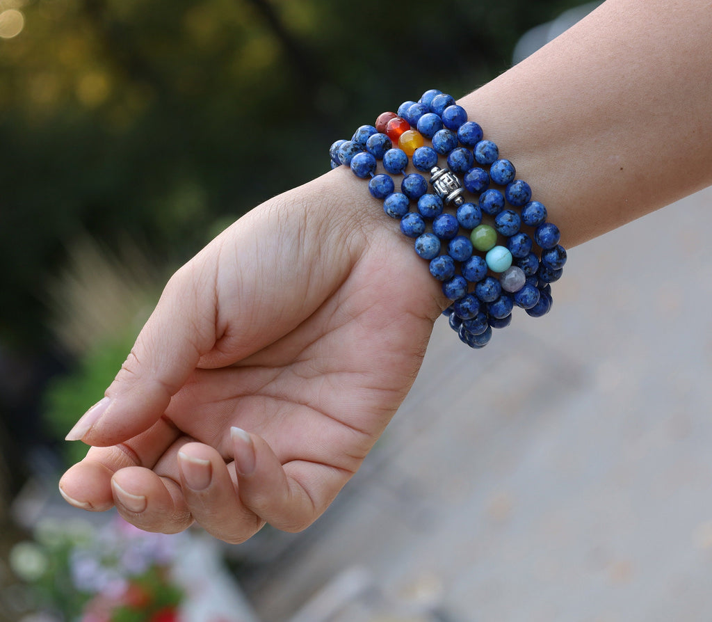 Genuine Lapis Lazuli 108 Beads Mala – Buddhist Prayer Beads with Tibetan Silver Guru Bead & Om Mani Spacers
