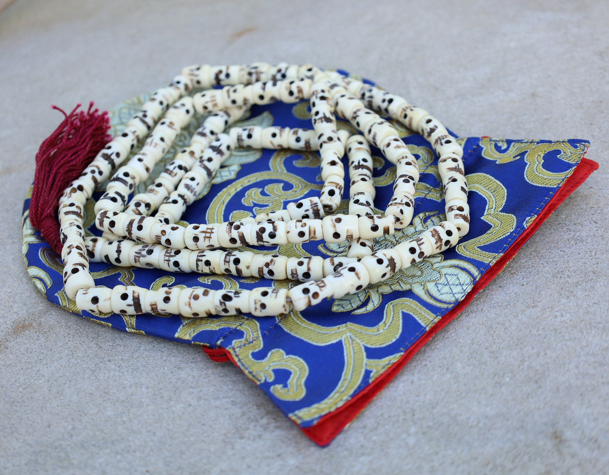 Tibetan Buddhist Premium Yak Bone Skull Mala Rosary 108 Beads Free Silk Pouch - DharmaObjects