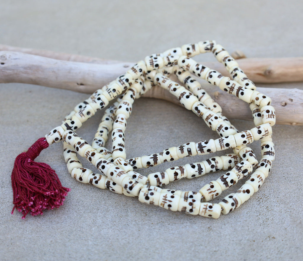 Tibetan Buddhist Premium Yak Bone Skull Mala Rosary 108 Beads Free Silk Pouch - DharmaObjects