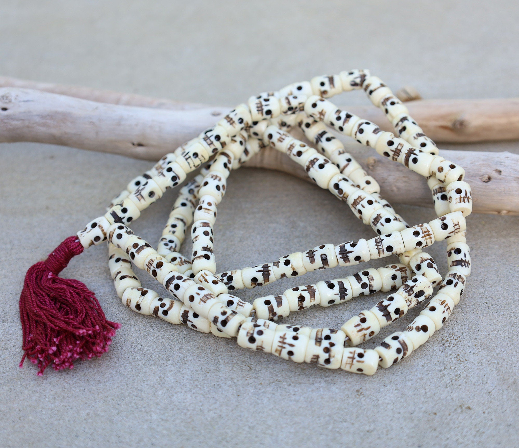 Tibetan Buddhist Premium Yak Bone Skull Mala Rosary 108 Beads Free Silk Pouch - DharmaObjects