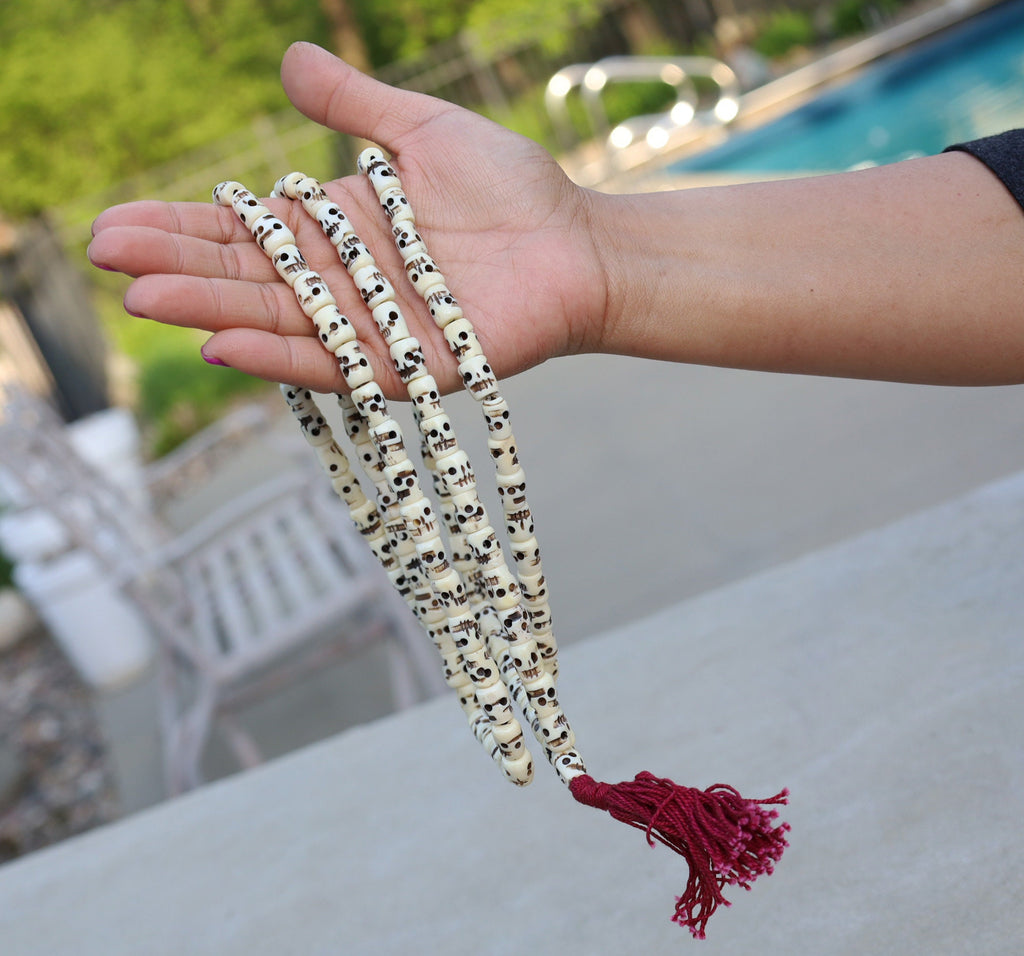 Tibetan Buddhist Premium Yak Bone Skull Mala Rosary 108 Beads Free Silk Pouch - DharmaObjects