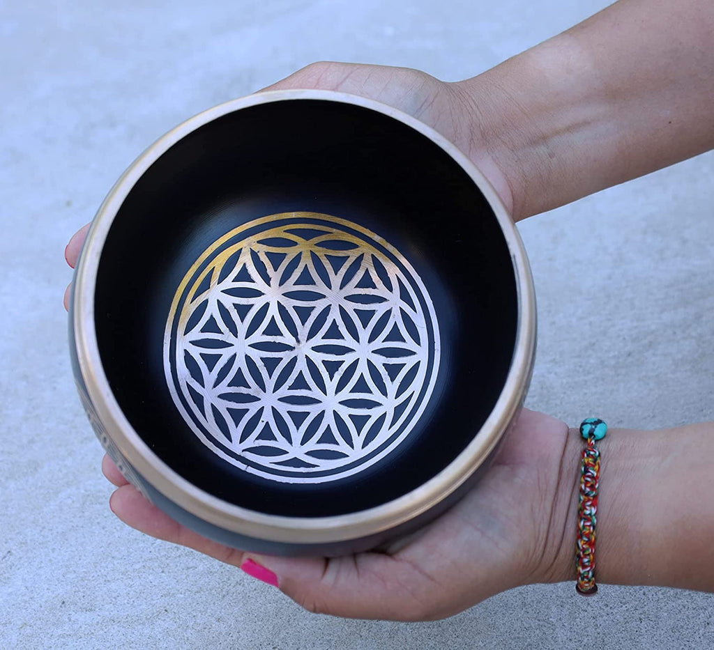 Tibetan Singing Bowl Complete Set Flower Of Life ~ For Meditation, Yoga, Spiritual Healing and Mindfulness ~ Extra Large