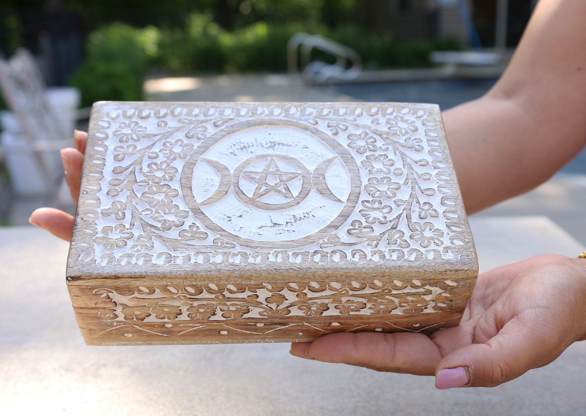 Hand Carved Triple Moon Wooden Box Keepsake Jewelry Storage