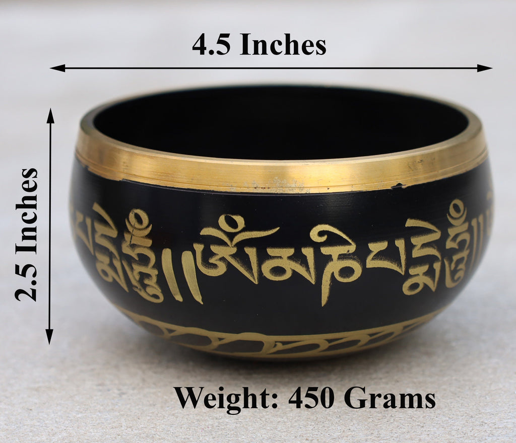 Tibetan Singing Bowl Om Mani ~ With Mallet And Brocade Cushion ~ For Mindfulness Meditation, Chakra Healing, Yoga (Medium) - DharmaObjects