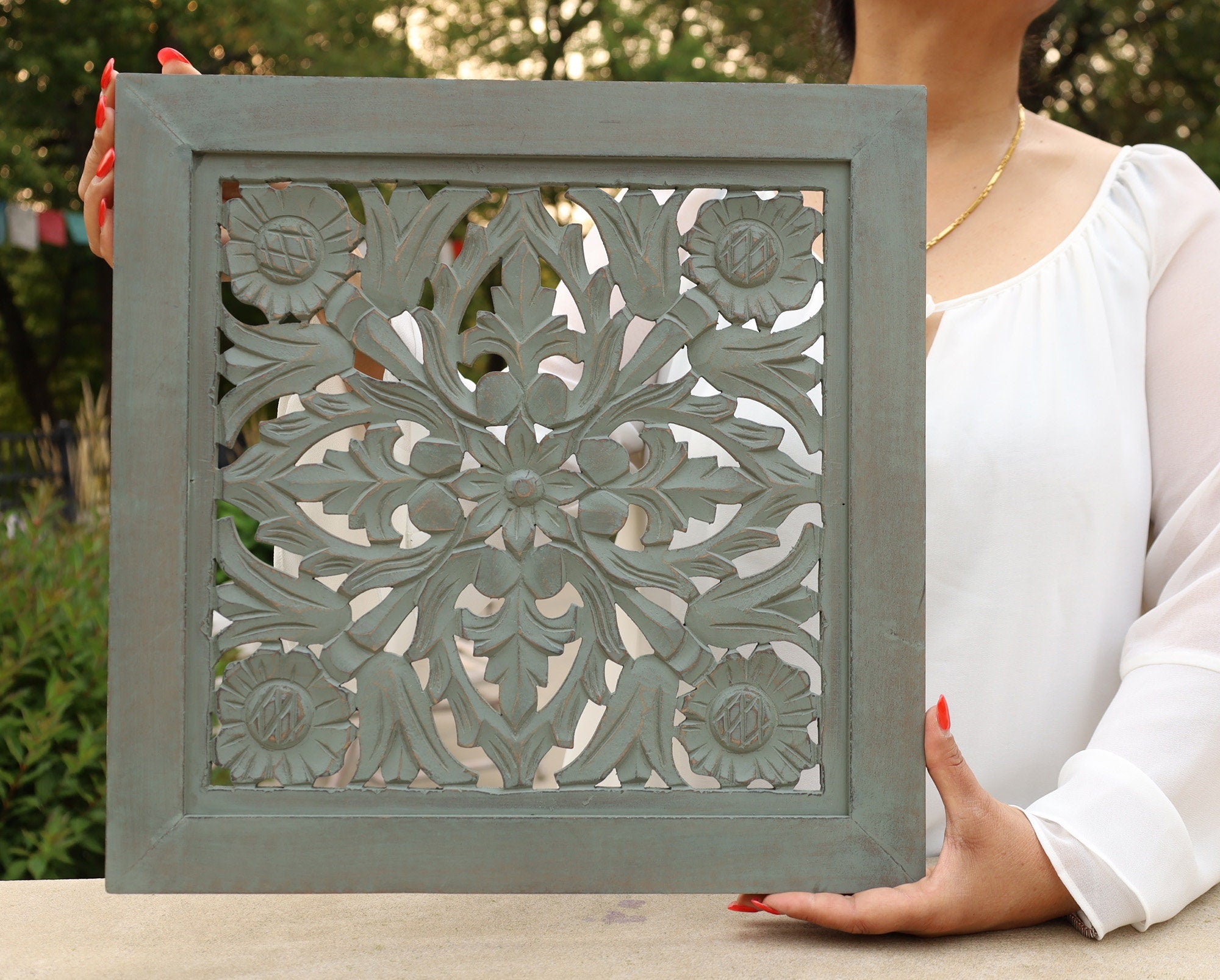 Handcrafted Large Lotus Wood Wall Panel For Home Decor Hanging Art 16" X 16"