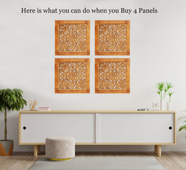 Handcrafted Large Lotus Wood Wall Panel For Home Decor Hanging Art 16" X 16"