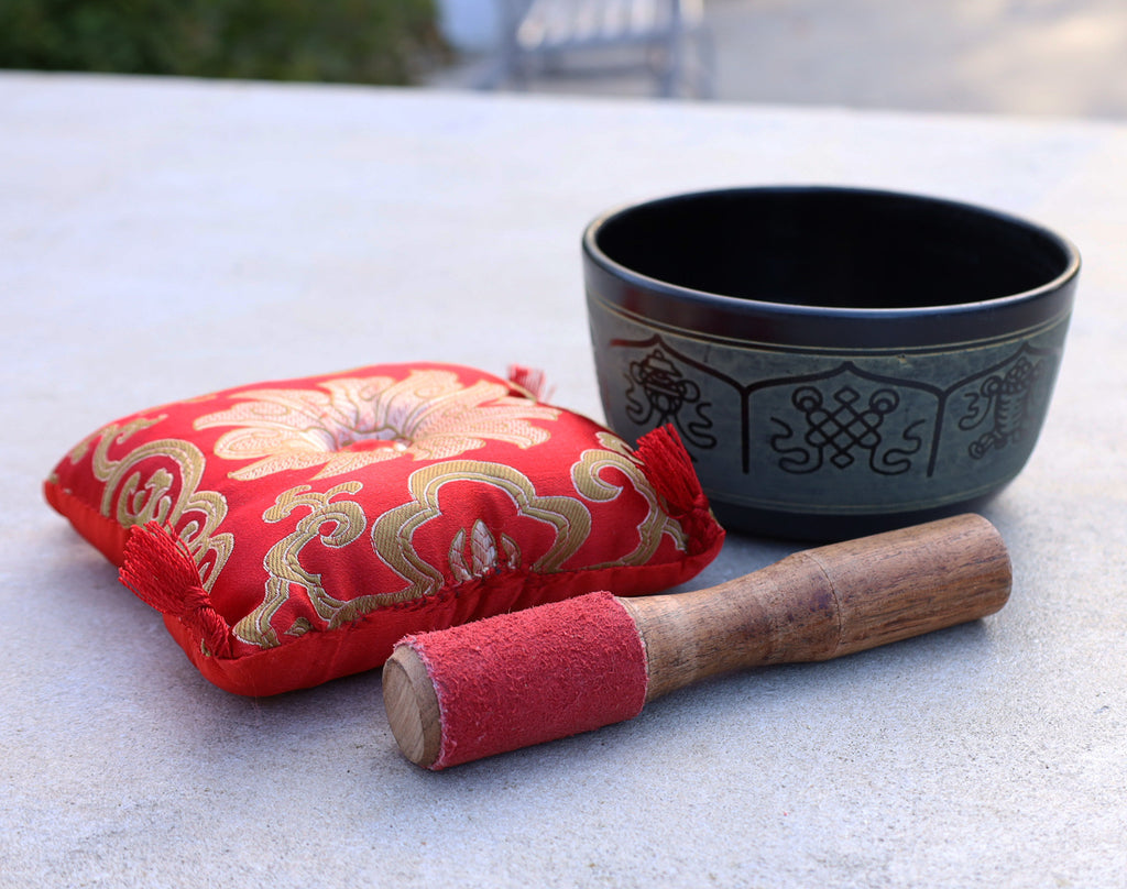 Tibetan Singing Bowl Complete Set Eight Lucky Symbol With Mallet and Cushion ~ For Meditation, Chakra Healing, Prayer, Yoga