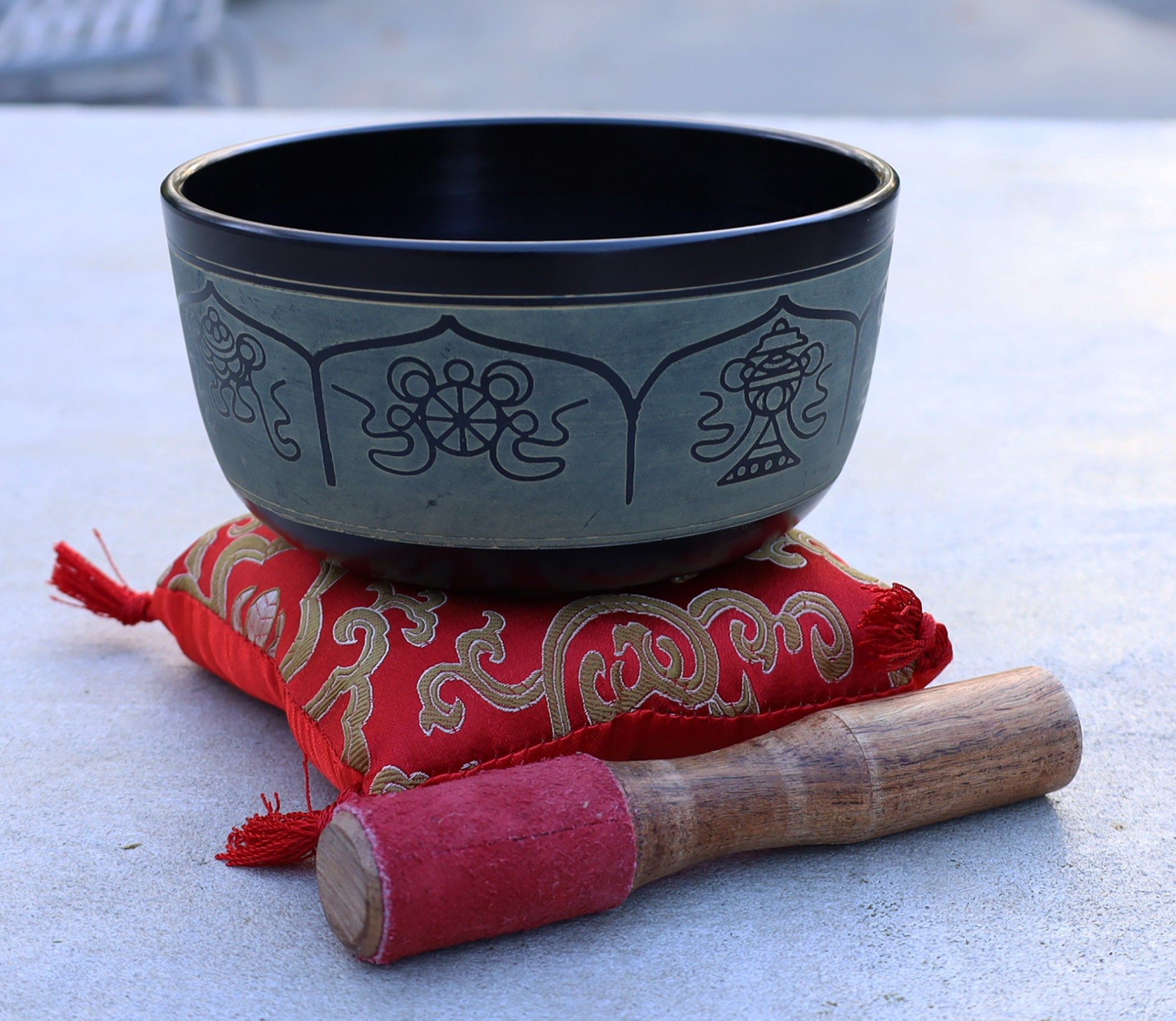 Tibetan Singing Bowl Complete Set Eight Lucky Symbol With Mallet and Cushion ~ For Meditation, Chakra Healing, Prayer, Yoga
