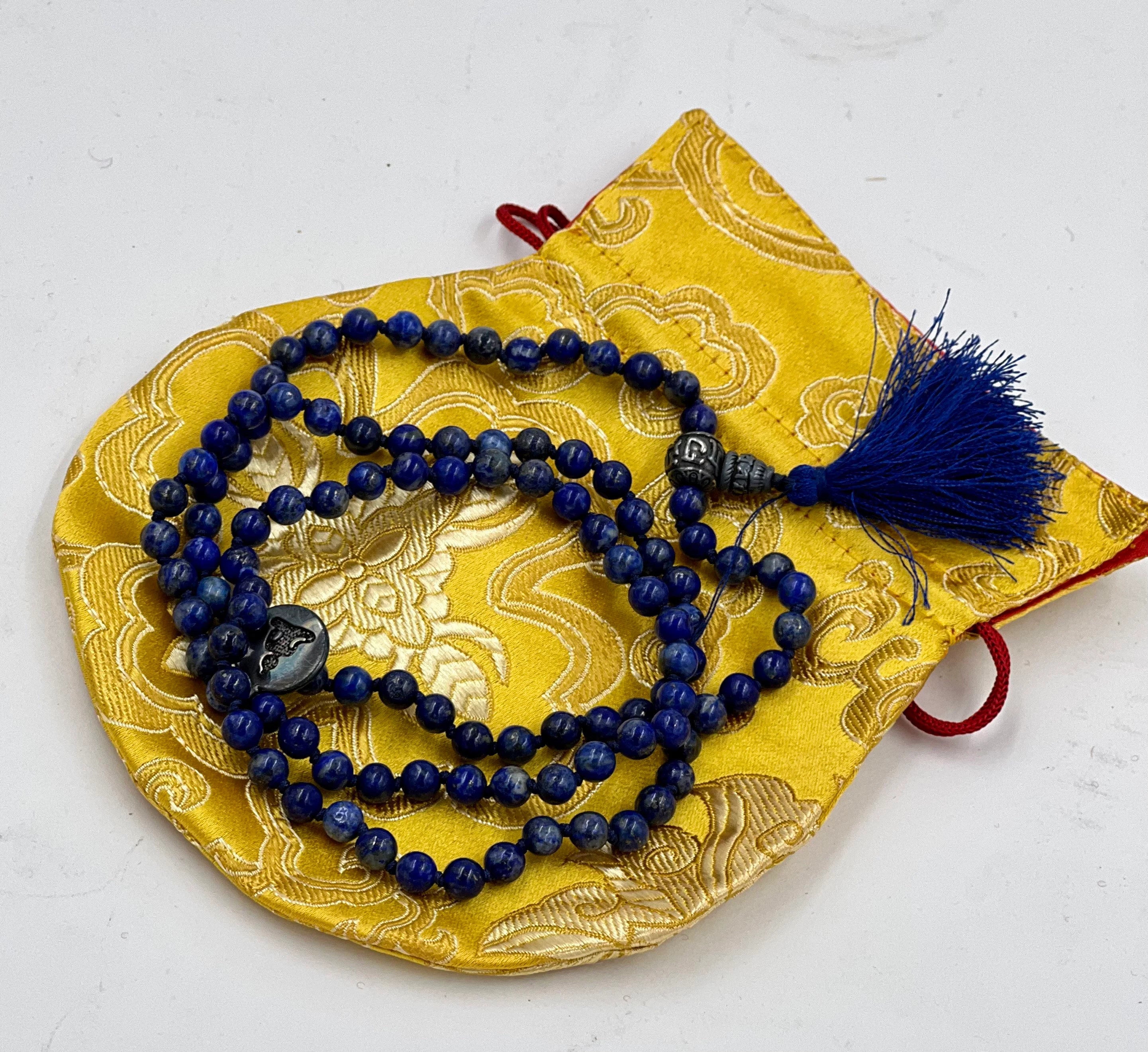 Tibetan Prayer Meditation Healing Lapis Lazuli 108 Beads Mala With Silver Guru Bead , Silver Spacers - DharmaObjects