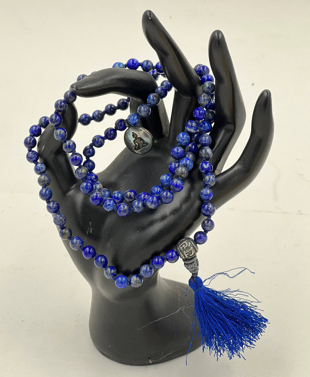 Tibetan Prayer Meditation Healing Lapis Lazuli 108 Beads Mala With Silver Guru Bead , Silver Spacers - DharmaObjects