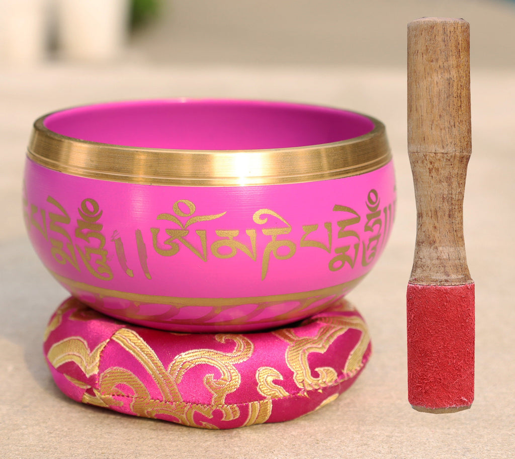 Tibetan Singing Bowl Om Mani ~ With Mallet And Brocade Cushion ~ For Mindfulness Meditation, Chakra Healing, Yoga (Medium) - DharmaObjects