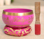 Tibetan Singing Bowl Om Mani ~ With Mallet And Brocade Cushion ~ For Mindfulness Meditation, Chakra Healing, Yoga (Medium) - DharmaObjects