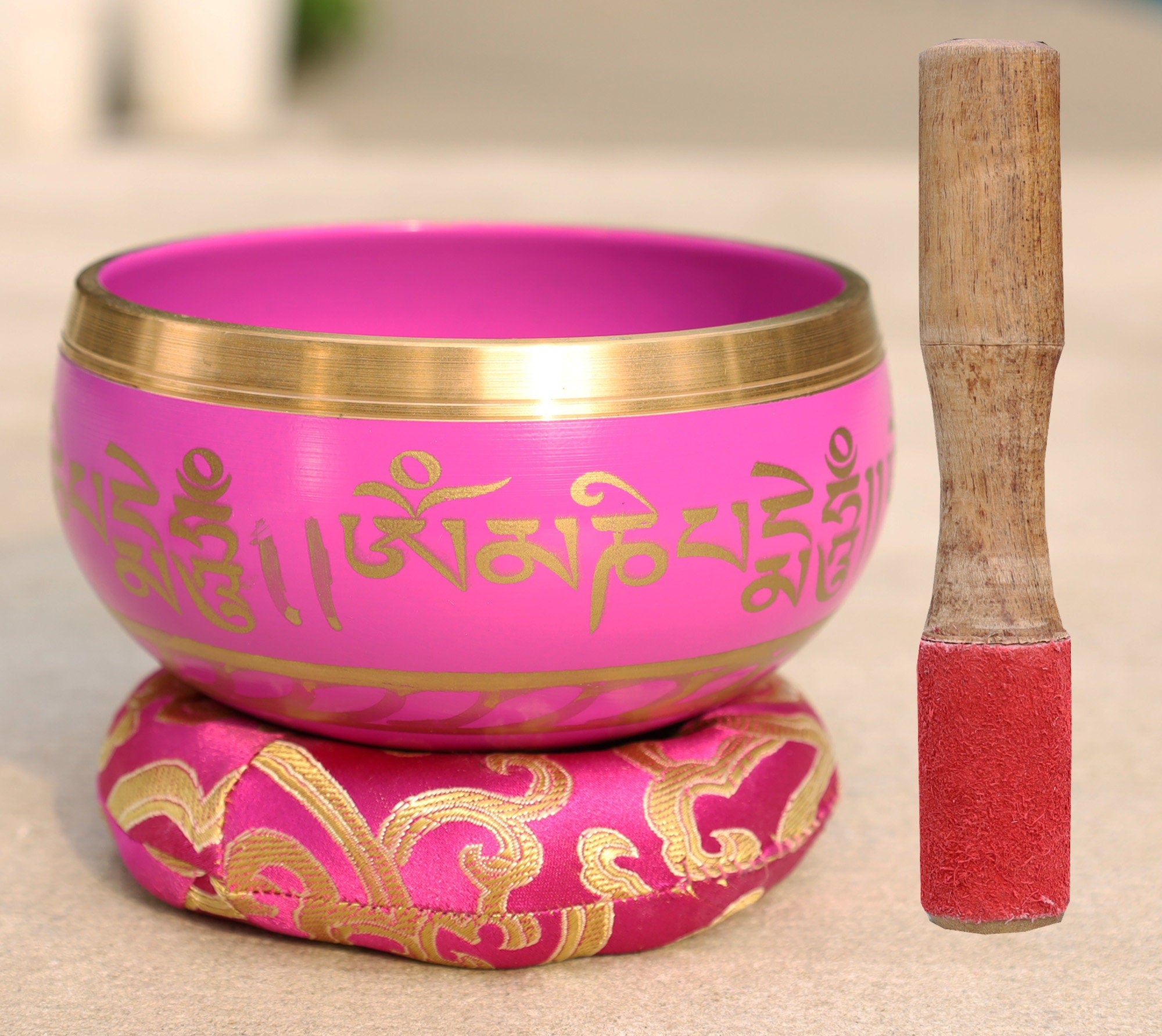 Tibetan Singing Bowl Om Mani ~ With Mallet And Brocade Cushion ~ For Mindfulness Meditation, Chakra Healing, Yoga (Medium) - DharmaObjects