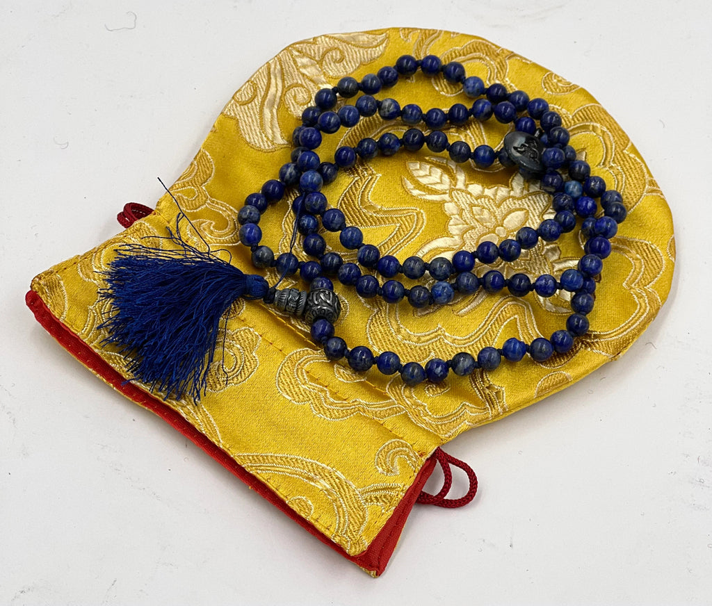 Tibetan Prayer Meditation Healing Lapis Lazuli 108 Beads Mala With Silver Guru Bead , Silver Spacers - DharmaObjects
