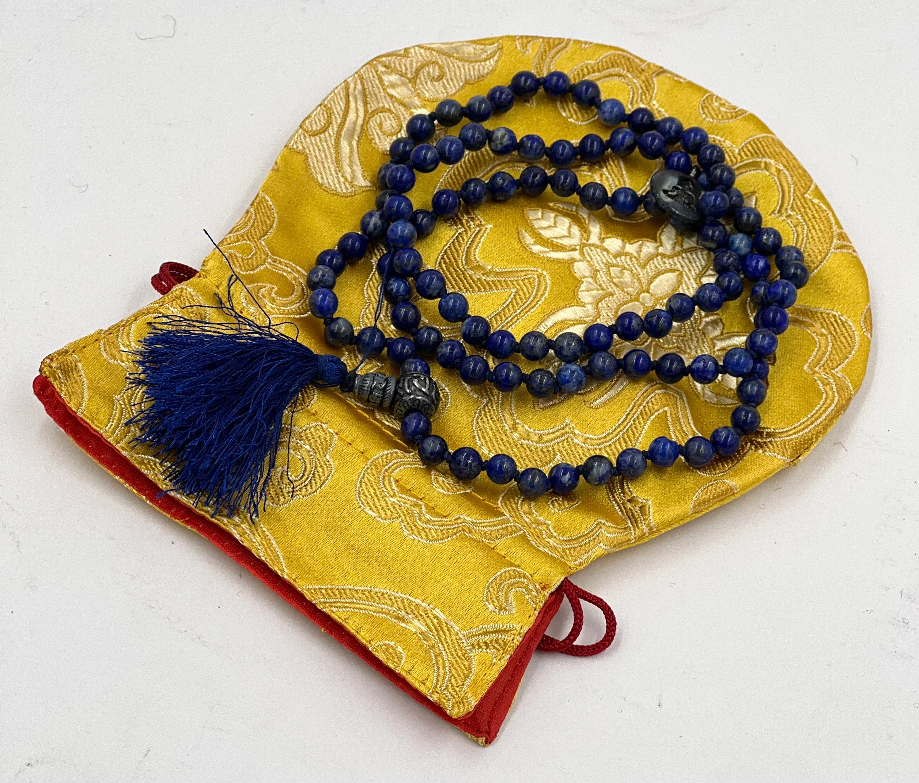 Tibetan Prayer Meditation Healing Lapis Lazuli 108 Beads Mala With Silver Guru Bead , Silver Spacers - DharmaObjects
