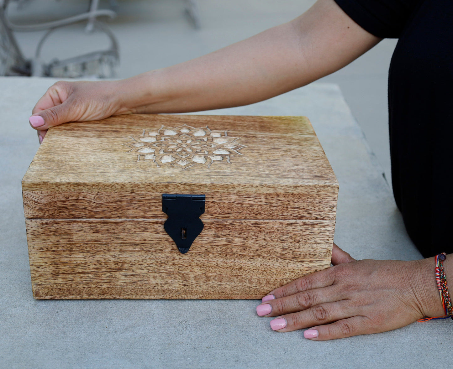 Large Premium Hand Carved Lotus Wooden Keepsake Storage Box