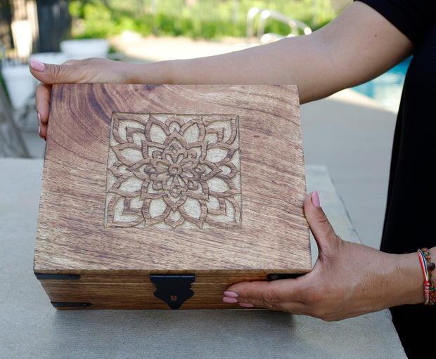 Large Premium Hand Carved Lotus Wooden Keepsake Box Storage Box Home Office Decorative Box Urn Box