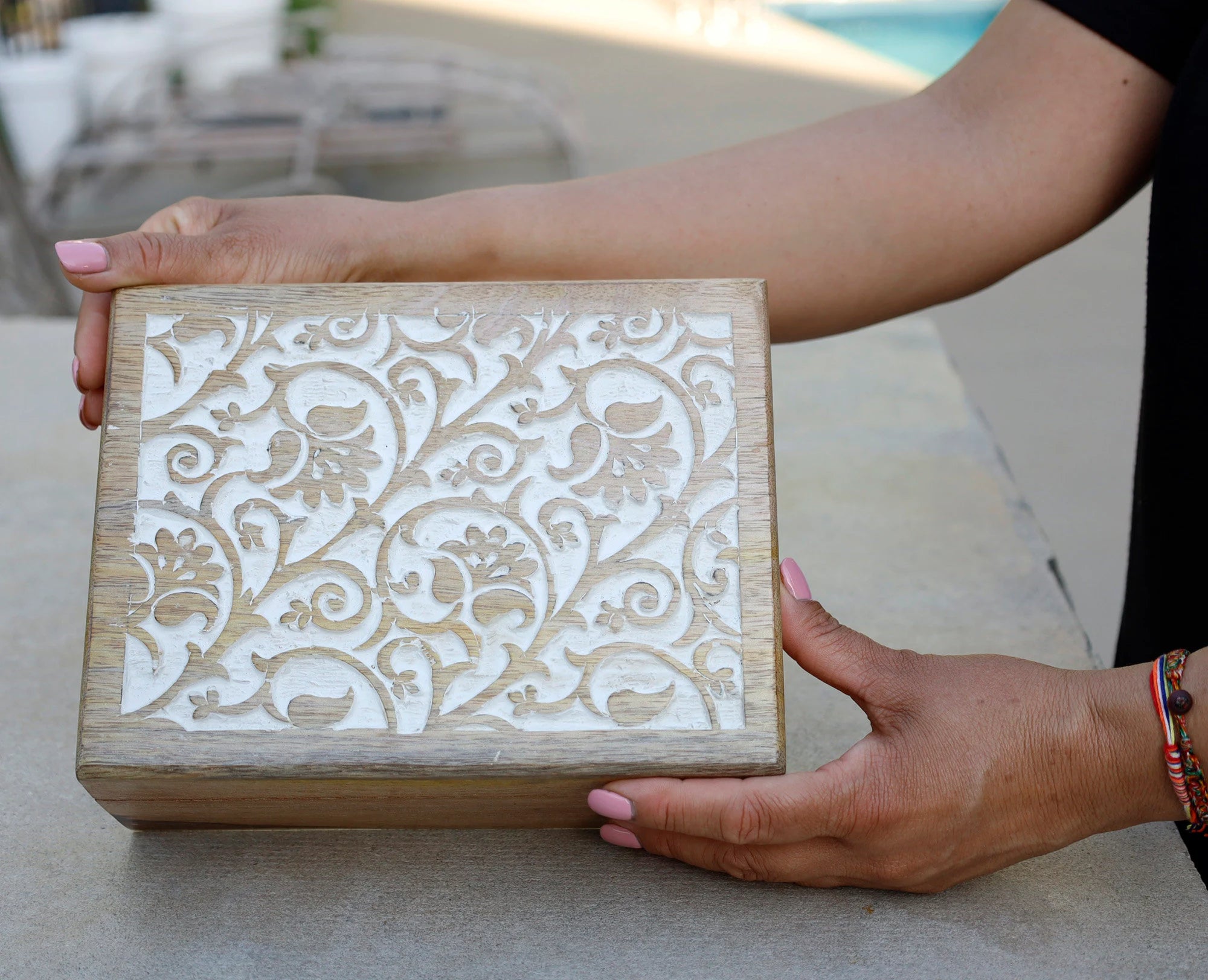 Hand Carved Wooden Set of 3 Box, Floral Motif Decorative Storage Box, Nesting Boxes - DharmaObjects