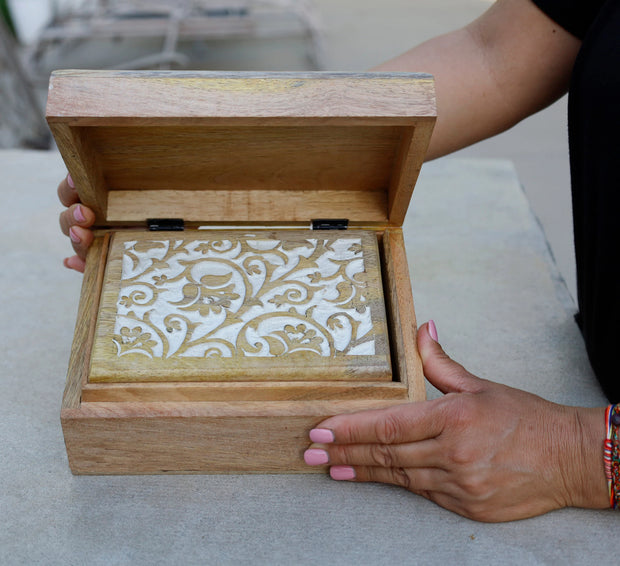 Hand Carved Wooden Set of 3 Box, Floral Motif Decorative Storage Box, Nesting Boxes