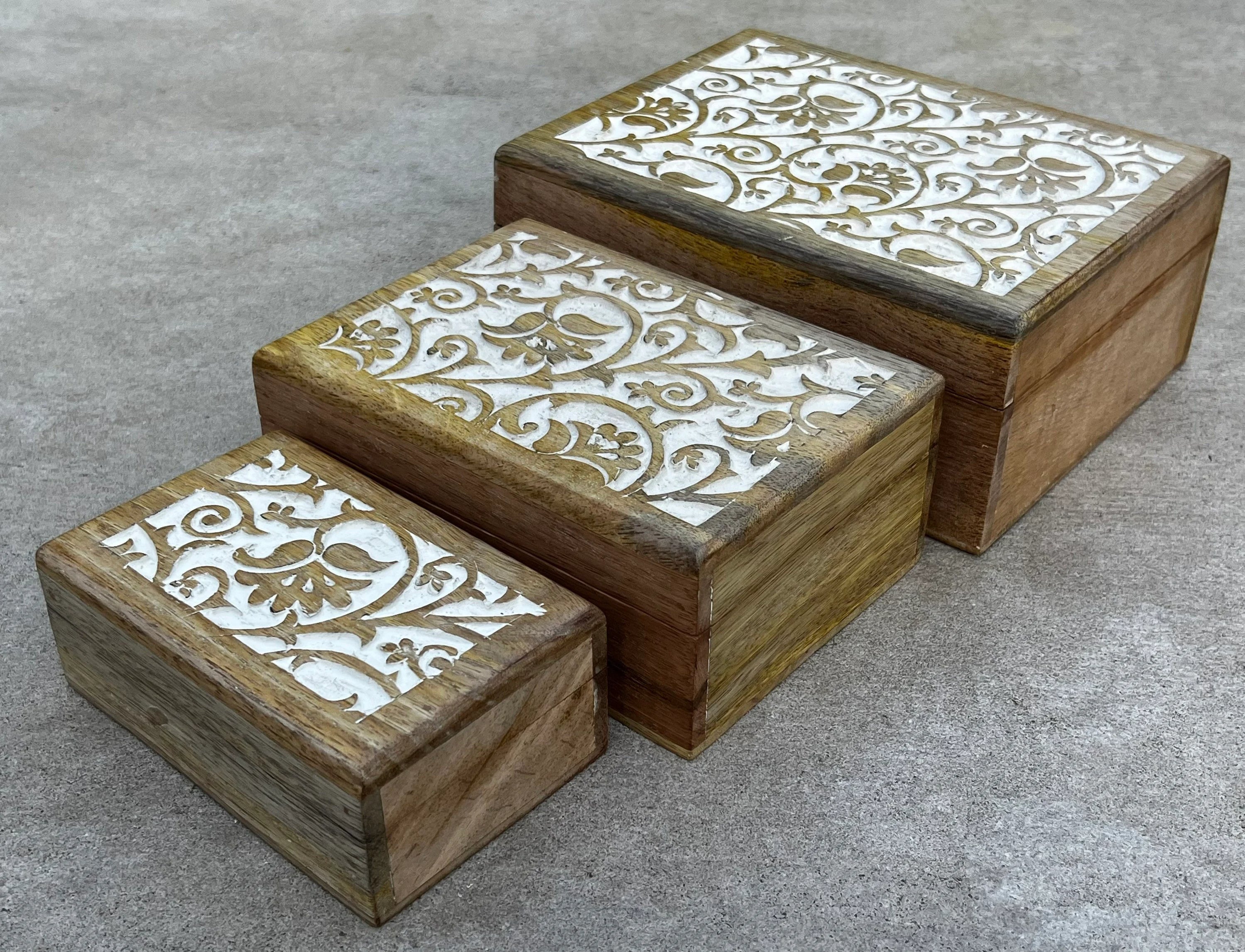 Hand Carved Wooden Set of 3 Box, Floral Motif Decorative Storage Box, Nesting Boxes - DharmaObjects