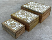 Hand Carved Wooden Set of 3 Box, Floral Motif Decorative Storage Box, Nesting Boxes