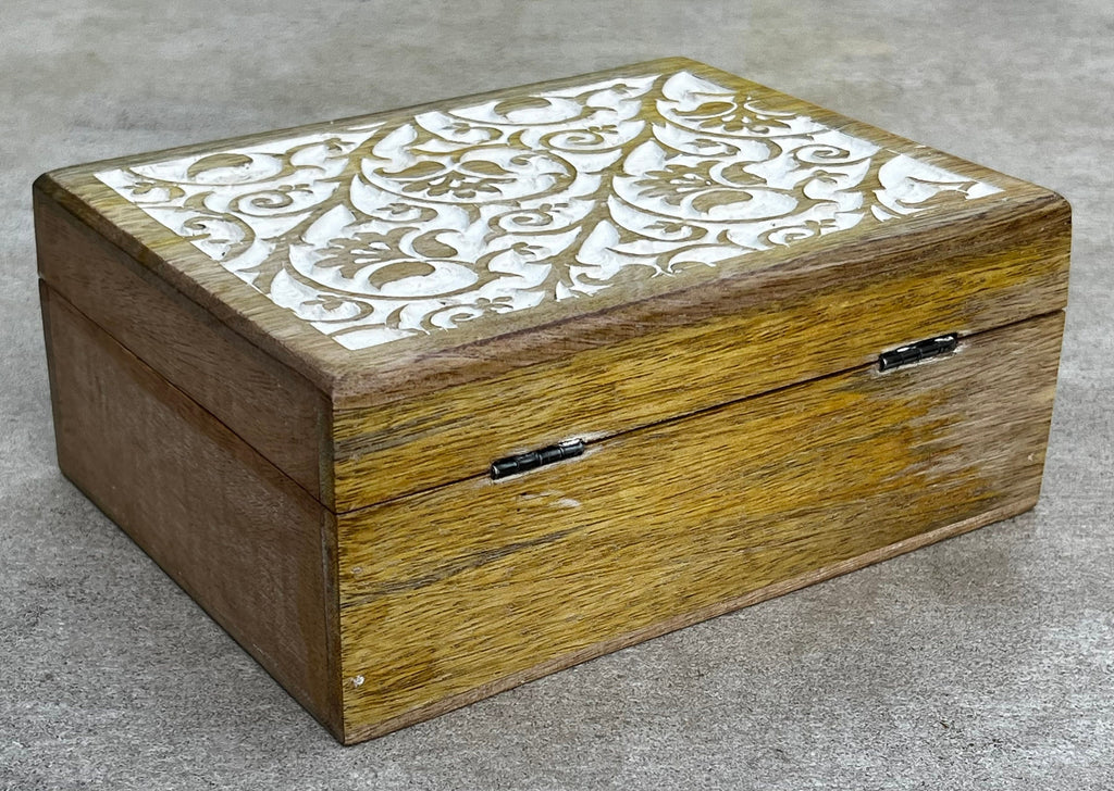 Hand Carved Wooden Set of 3 Box, Floral Motif Decorative Storage Box, Nesting Boxes - DharmaObjects