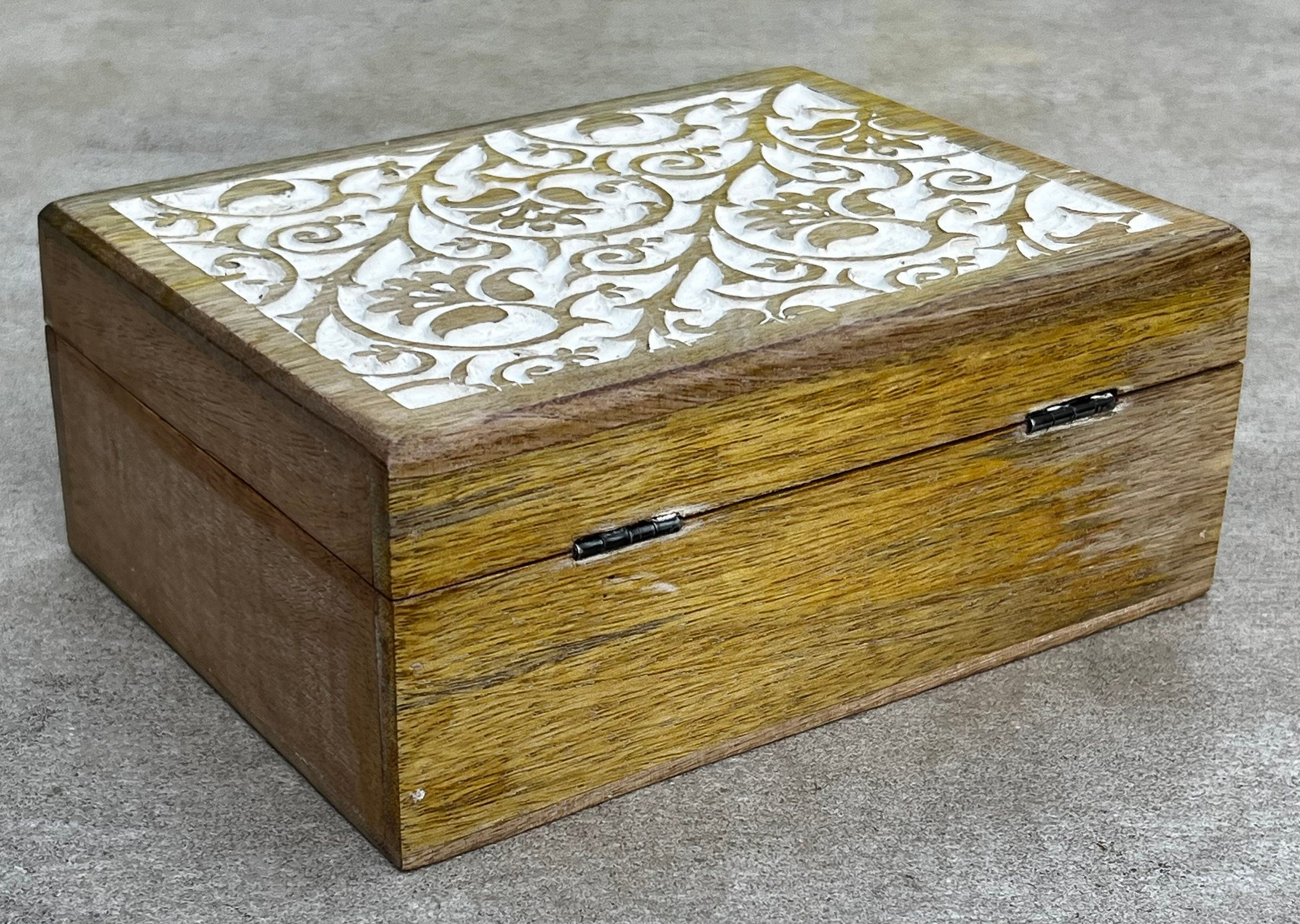 Hand Carved Wooden Set of 3 Box, Floral Motif Decorative Storage Box, Nesting Boxes - DharmaObjects