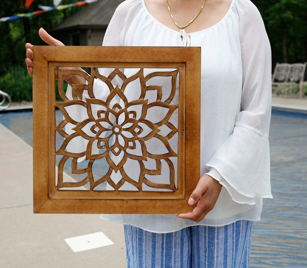 Handcrafted Large Lotus Wood Wall Panel For Home Decor Hanging Art 16" X 16"