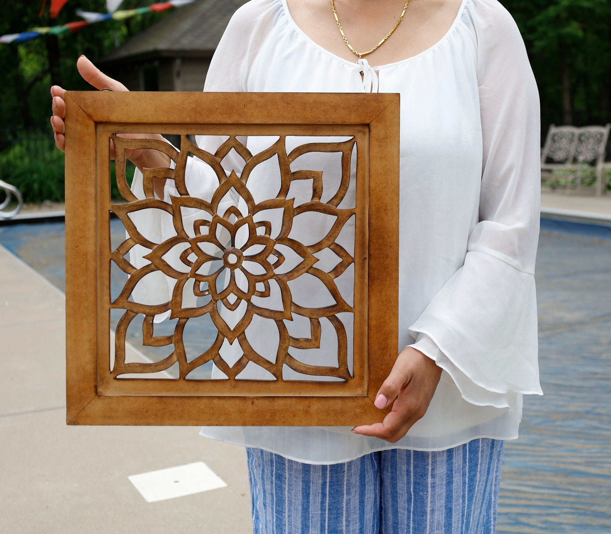 Handcrafted Large Lotus Wood Wall Panel For Home Decor Hanging Art 16" X 16"