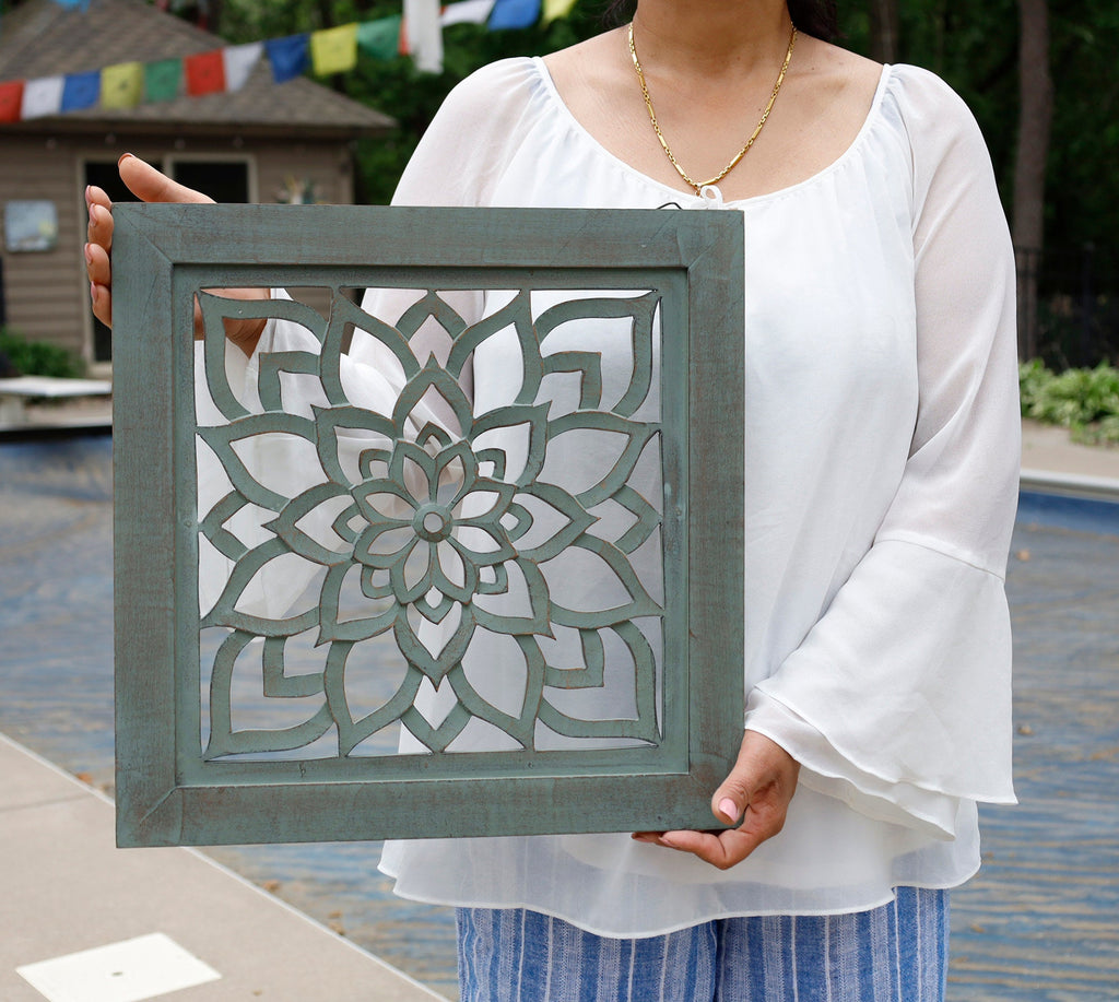 Handcrafted Large Lotus Wood Wall Panel For Home Decor Hanging Art 16" X 16"