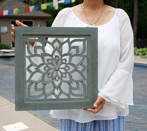 Handcrafted Large Lotus Wood Wall Panel For Home Decor Hanging Art 16" X 16"