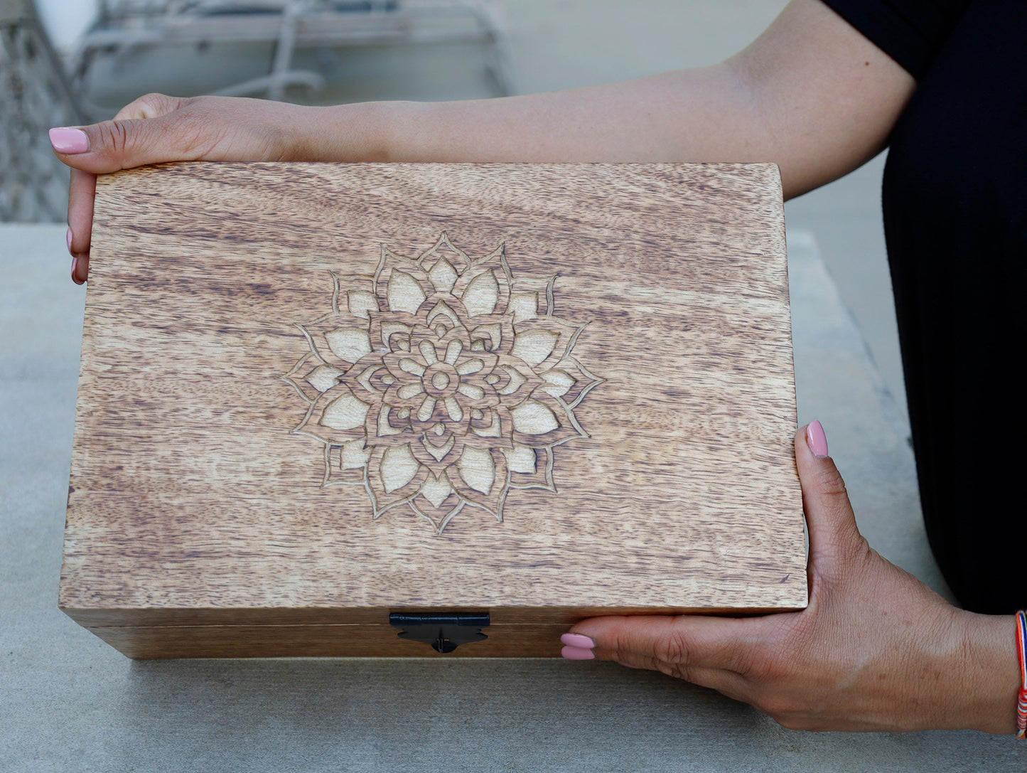 Large Premium Hand Carved Lotus Wooden Keepsake Storage Box