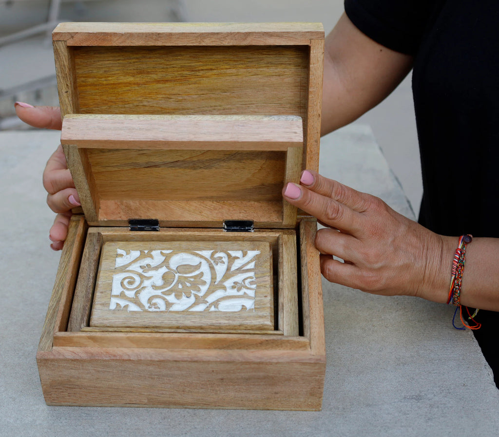 Hand Carved Wooden Set of 3 Box, Floral Motif Decorative Storage Box, Nesting Boxes - DharmaObjects