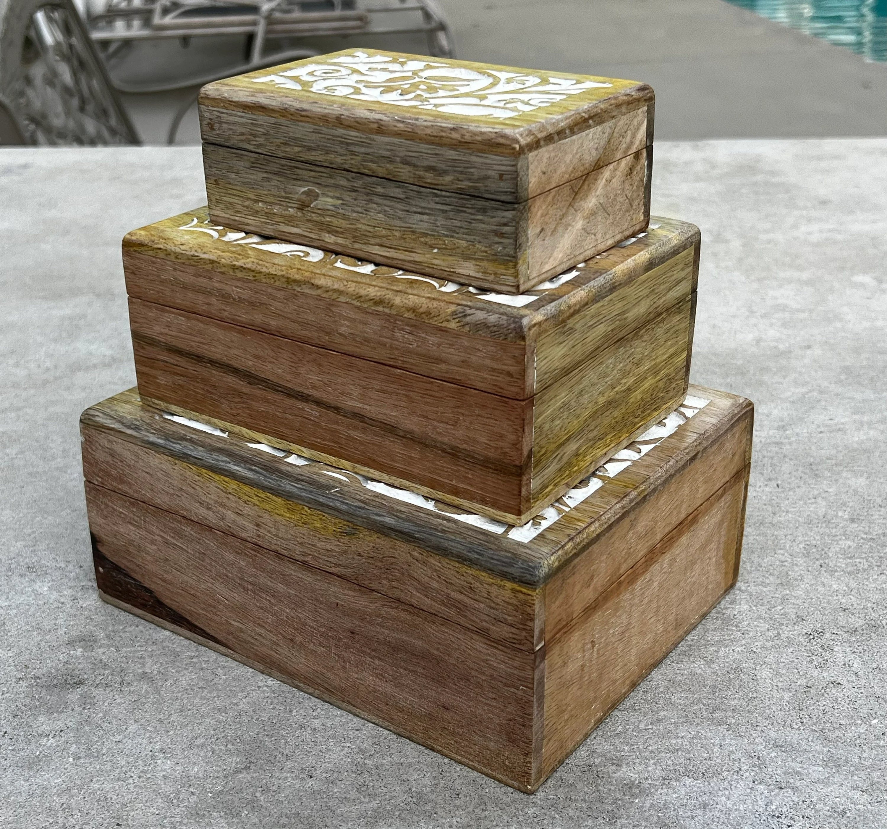 Hand Carved Wooden Set of 3 Box, Floral Motif Decorative Storage Box, Nesting Boxes - DharmaObjects