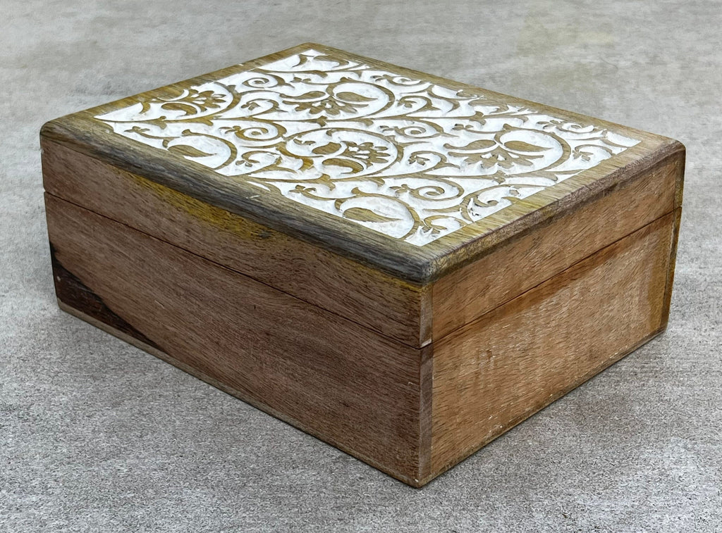 Hand Carved Wooden Set of 3 Box, Floral Motif Decorative Storage Box, Nesting Boxes - DharmaObjects