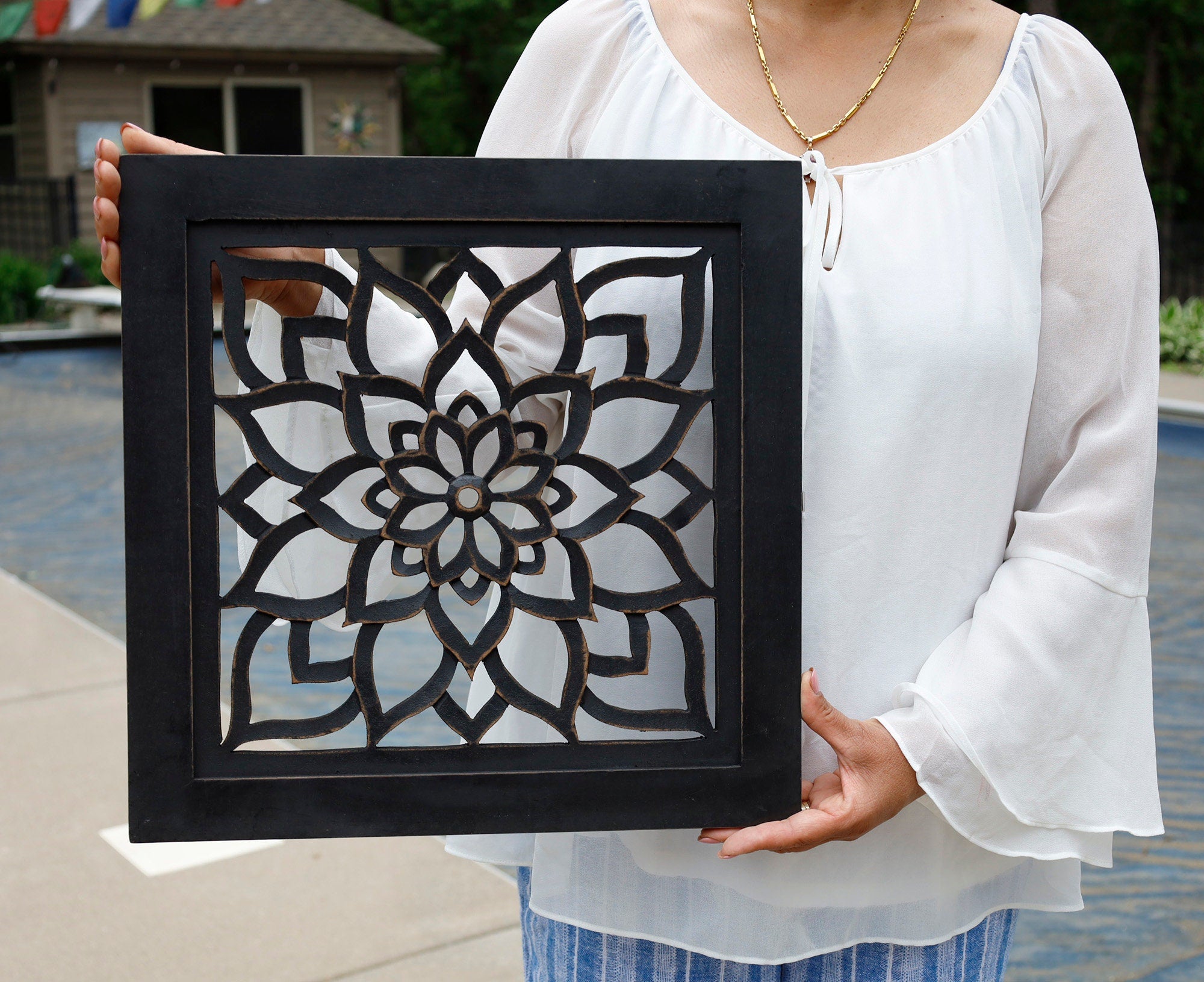 Handcrafted Large Lotus Wood Wall Panel For Home Decor Hanging Art 16" X 16"