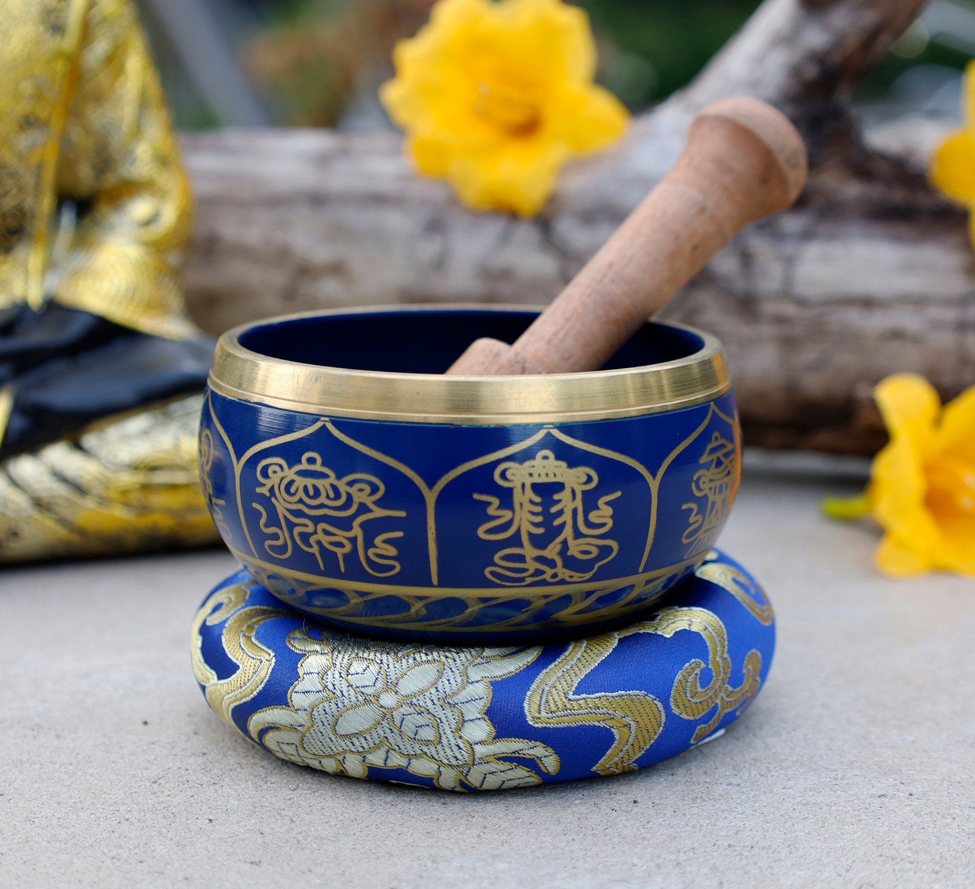 Tibetan 8 Lucky Symbols Singing Bowl Set 4" | Meditation Bowl with Rosewood Mallet & Brocade Cushion for Chakra Healing, Prayer & Yoga - DharmaObjects