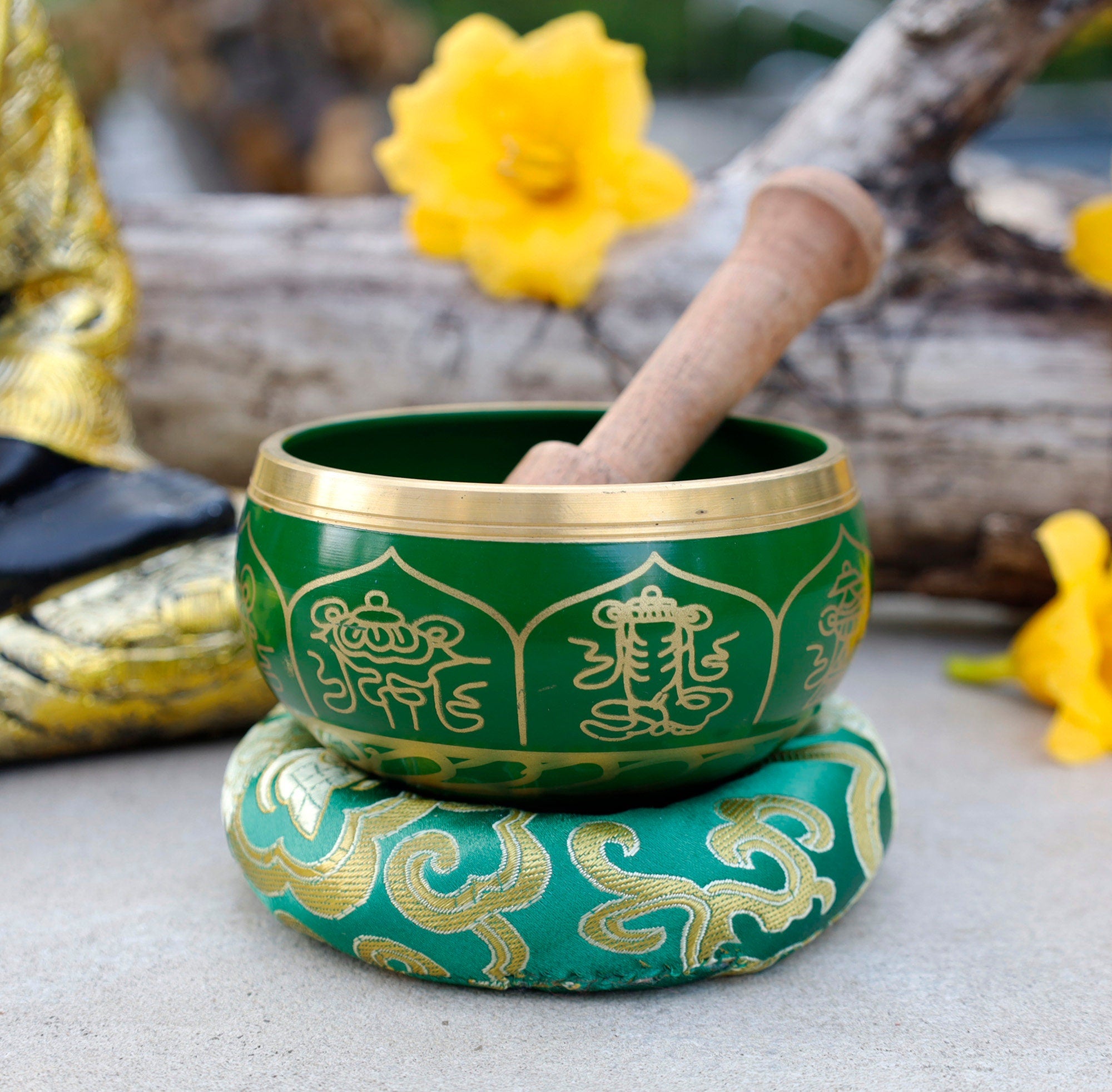 Tibetan 8 Lucky Symbols Singing Bowl Set 4" | Meditation Bowl with Rosewood Mallet & Brocade Cushion for Chakra Healing, Prayer & Yoga - DharmaObjects