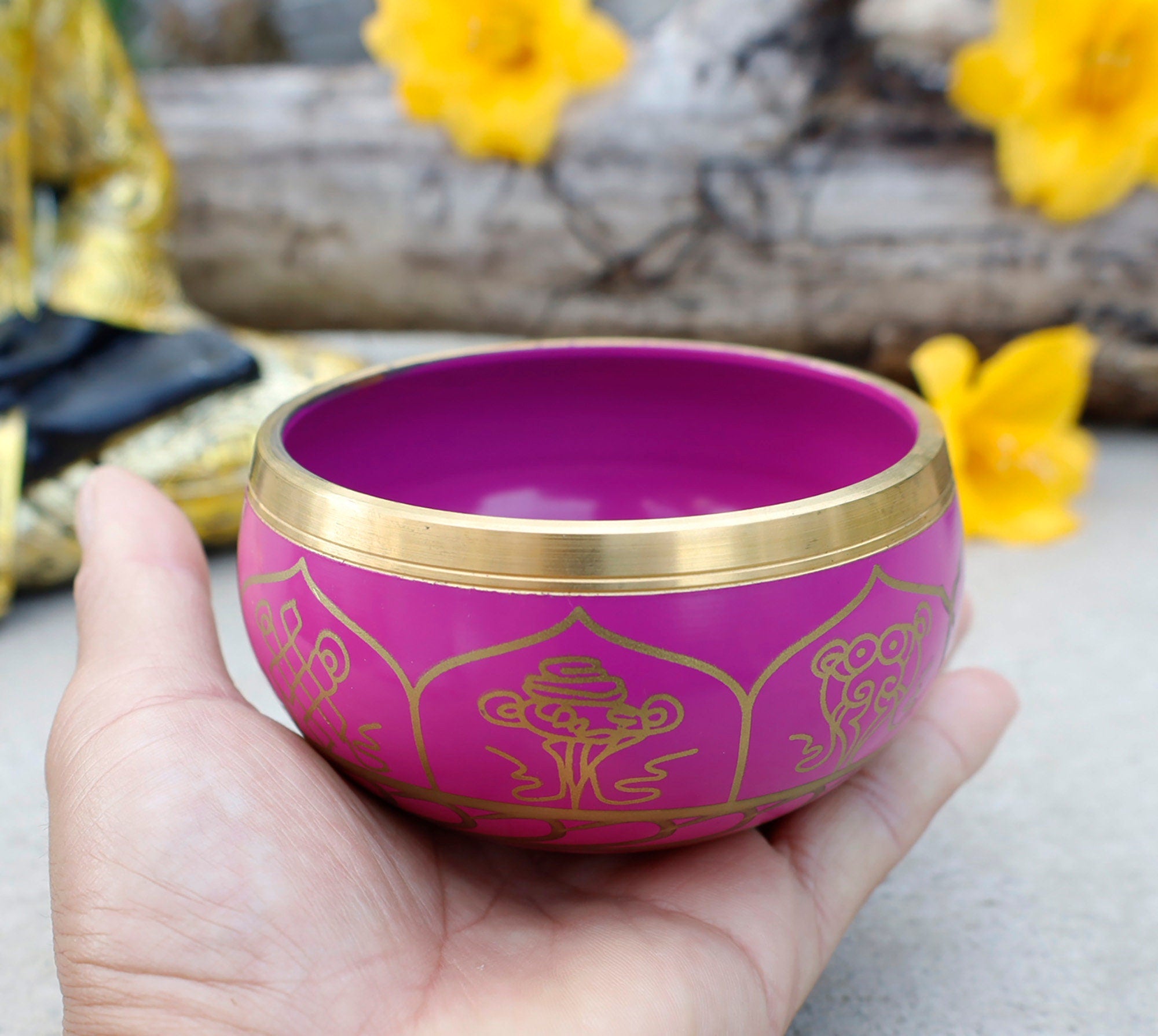 Tibetan 8 Lucky Symbols Singing Bowl Set 4" | Buddhist Meditation Bowl with Rosewood Mallet & Cushion for Yoga, Prayer & Chakra Healing - DharmaObjects