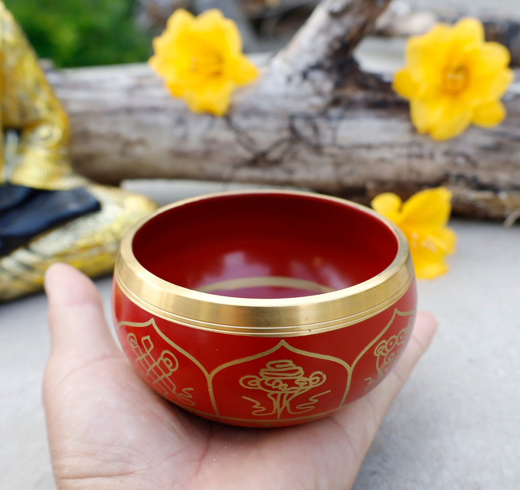 Tibetan 8 Lucky Symbols Singing Bowl Set 4" | Buddhist Meditation Bowl with Rosewood Mallet & Cushion for Yoga, Prayer & Chakra Healing - DharmaObjects