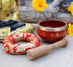 Tibetan Om Mani Padme Hum Singing Bowl Set 4" Red | Buddhist Meditation Bowl with Rosewood Mallet & Cushion for Yoga, Prayer & Chakra Healing - DharmaObjects