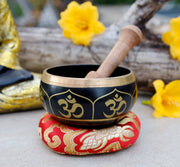 Tibetan OM Singing Bowl Complete Set ~ With Mallet & Brocade Cushion ~ For Meditation, Chakra Healing, Prayer, Yoga